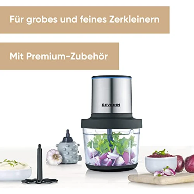SEVERIN Kabelloser Akku-Universalzerkleinerer, Multizerkleinerer für grobes und feines Zerkleinern, Zerkleinerer mit umfangreichem Zubehör, schwarz-matt/Edelstahl-gebürstet, KM 3866 – Bild 2