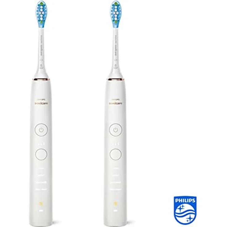 Philips Sonicare DiamondClean 9000 Elektrische Zahnbürste Doppelpack - 2 Schallzahnbürsten, 1 Ladeglas, 4 Premium Bürstenköpfe, neue Generation, weiß, 2 Handstücke (Modell HX9914/62) – Bild 2