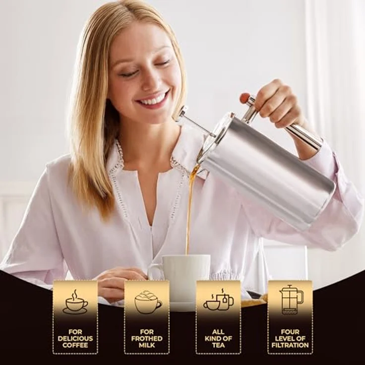KICHLY Französische Presse Kaffeebereiter 12 Oz - 350 ml (2 Tassen) - Edelstahlfilter, isolierte Wände, Silber – Bild 3