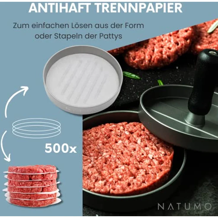 natumo Burgerpresse NATUMO Antihaft Burger Papier Zuschnitte, 11 cm, 500 Blatt, rund – Bild 4