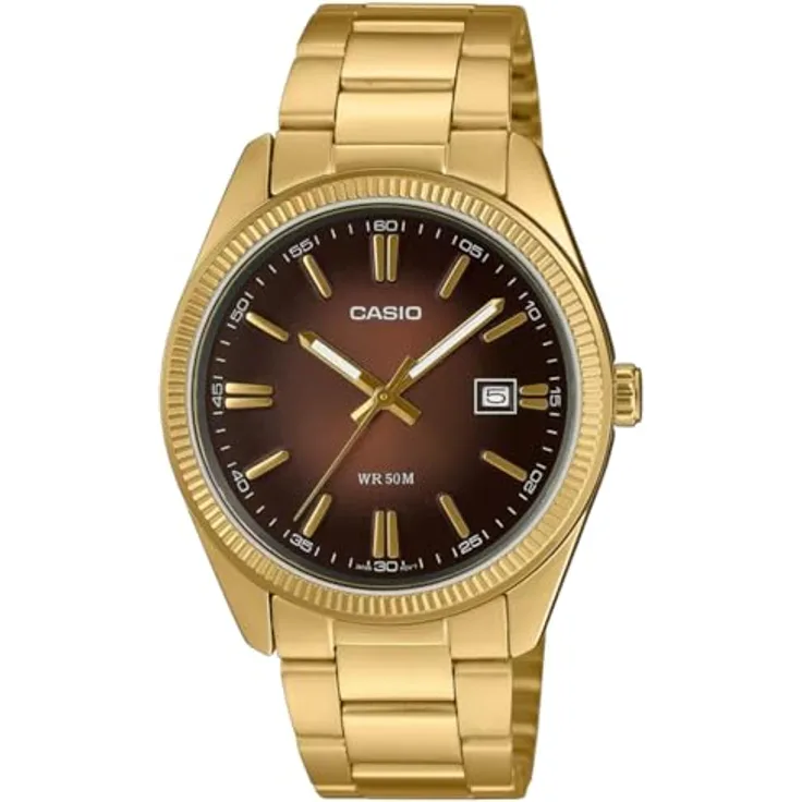 Casio Unisex Uhr Timeless Goldfarben/Braun MTP-1302PGC-5AVEF, Edelstahl beschichtet, braunes Zifferblatt, Mineralglas