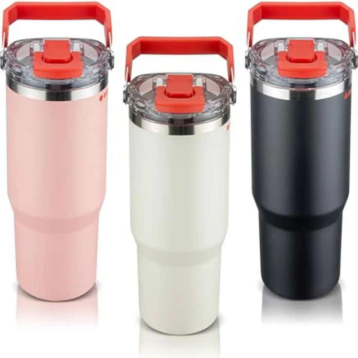 ROTPUNKT Thermobecher Edelstahl 500 ml, Isolierbecher mit Strohhalm & Click & Go Trinköffnung, auslaufsicher, BPA-frei, klappbarer Tragegriff, white – Bild 1