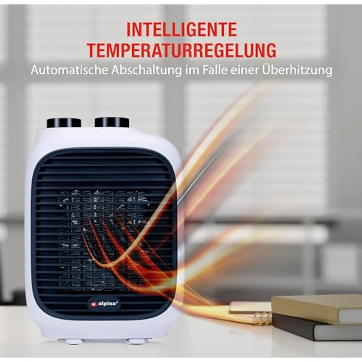 alpina Elektrischer Mini Heizlüfter PTC1601, 1500W für Räume von 10-15 m², inklusive Griff, Überhitzungsschutz, Weiß – Bild 3
