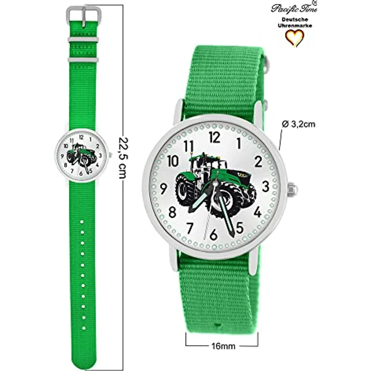 Pacific Time Kinder Armbanduhr Traktor, grün, mit leuchtenden Zeigern, Textilarmband, analog, Quick-Change-System, 3,2 cm Gehäusedurchmesser – Bild 5