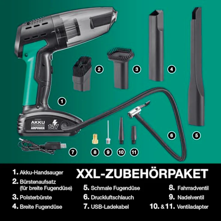 EASYmaxx Akku-Handstaubsauger & Luftkompressor, 11,1V schwarz/grün, mit LED-Display und 5 Pump-Programmen – Bild 9