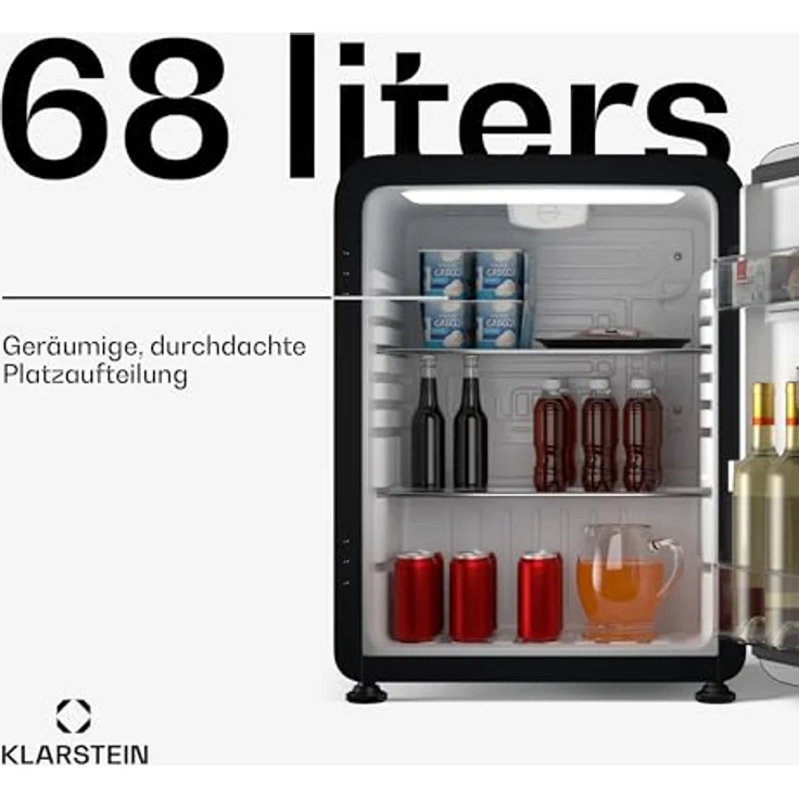 Klarstein Audrey Evo 68L Retro Mini Kühlschrank, 40 dB, kompakt mit verstellbaren Füßen, Wendetür, mechanischem Thermostat, schwarz – Bild 2