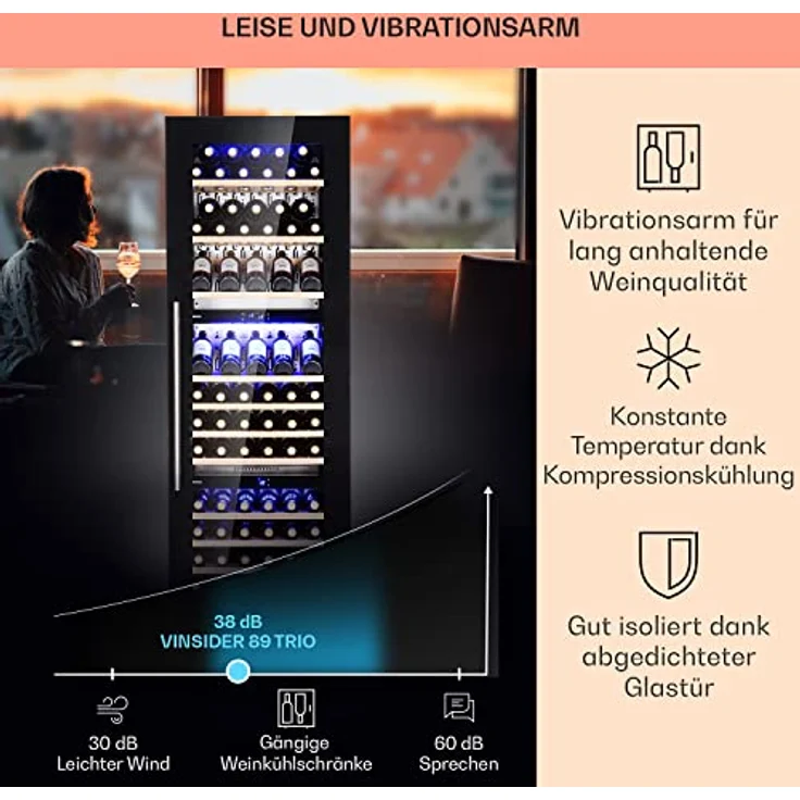 Klarstein Einbau-Weinkühlschrank, 246 L Getränkekühlschrank Schmal, 3 Zonen Weinkühlschrank mit Glastür, Indoor/Outdoor Beersafe, Großer Kühlschrank, 5-18°C, 89 Flaschen – Bild 4