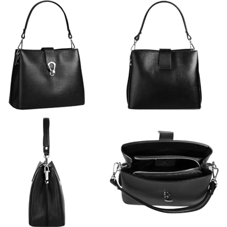 Cluty Umhängetasche, echt Leder, Made in Italy, schwarz, 21 cm x 25 cm x 13 cm, abnehmbarer Schultergurt – Bild 2