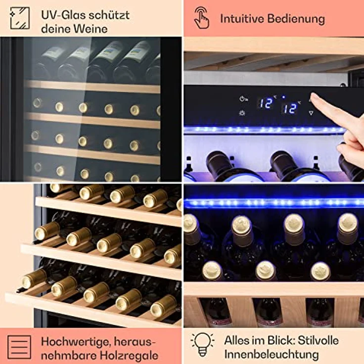 Klarstein Einbau-Weinkühlschrank, 246 L Getränkekühlschrank Schmal, 3 Zonen Weinkühlschrank mit Glastür, Indoor/Outdoor Beersafe, Großer Kühlschrank, 5-18°C, 89 Flaschen – Bild 5