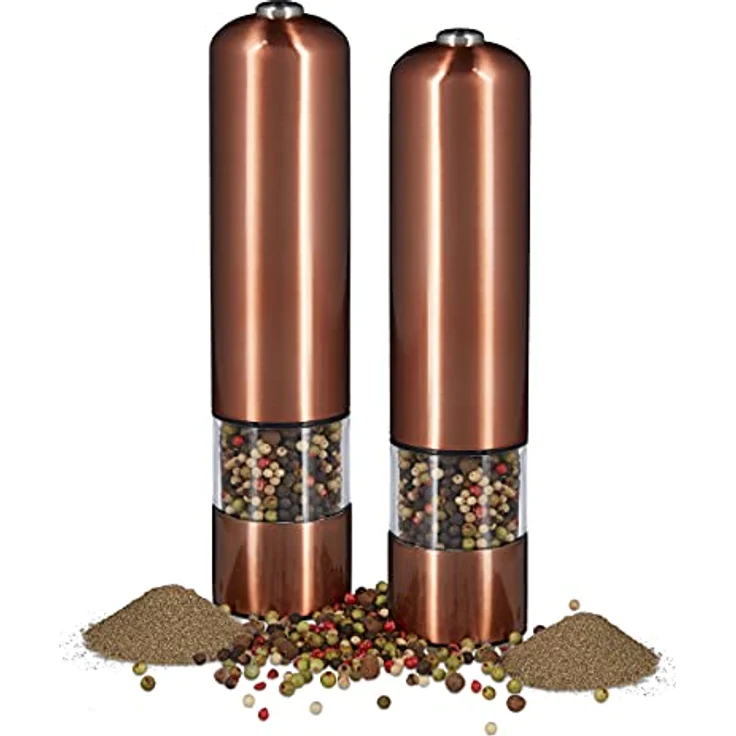 2 x elektrische Pfeffermühle im Set, Gewürzmühle oder Salzmühle, mit Keramikmahlwerk batteriebetrieben, mit Licht, nachfüllbar, bronze – Bild 1