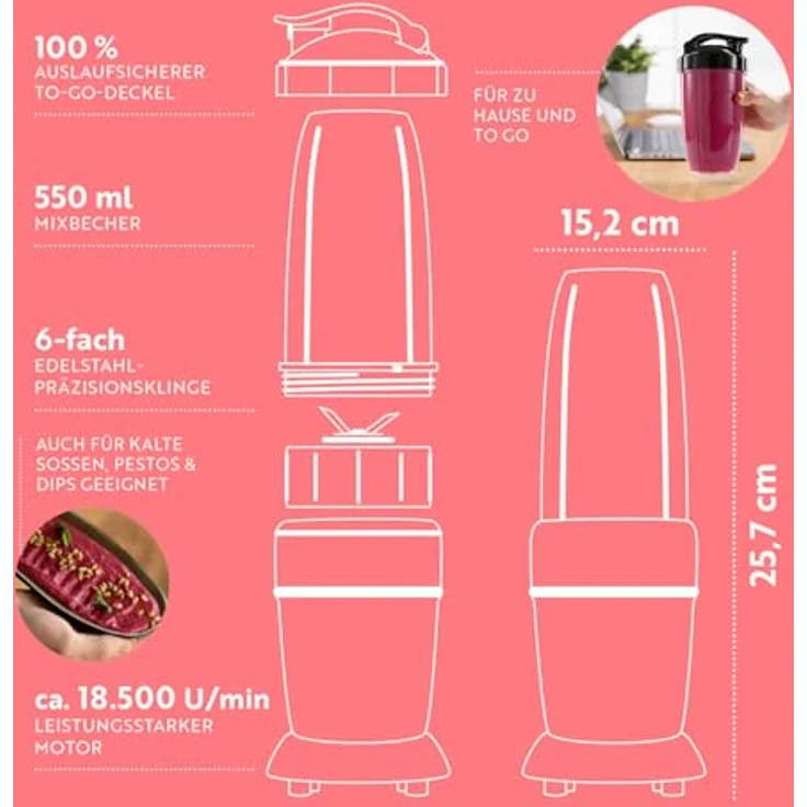 GOURMETmaxx Nutrition Mixer Pro 1.000, Standmixer mit 6-fach Edelstahl-Präzisionsklinge, 1000 Watt, 550 ml Becher und To-go-Deckel – Bild 6