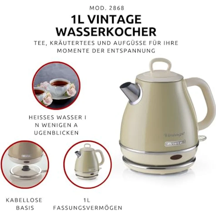Ariete 2868 Vintage, elektrischer Design-Wasserkocher aus Edelstahl für Aufgussgetränke, Tee und Kräutertees, Abschaltautomatik, ergonomischer Griff, 1 Liter, 1600 W, Beige – Bild 5