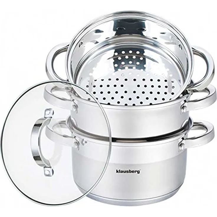Klausberg Mantowarka Dampfkocher 20 cm, Edelstahl Set mit Glasdeck, Induktion (Silber, 4 Teile)