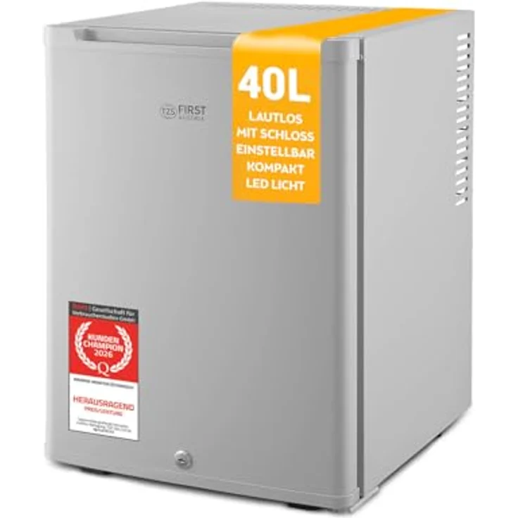 TZS FIRST AUSTRIA FA-5172-GR, Kühlschrank 40L, lautlos, mit LED-Beleuchtung, 56.5 cm hoch, 40 cm breit, wechselbarer Türanschlag, Schloss, grau – Bild 1