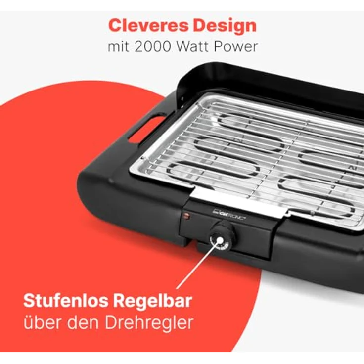 CLATRONIC Tischgrill BQ 3841, Elektrogrill mit Cool Touch-Gehäuse, verchromtem Grillrost, 2000W, für Innen und Außen – Bild 4