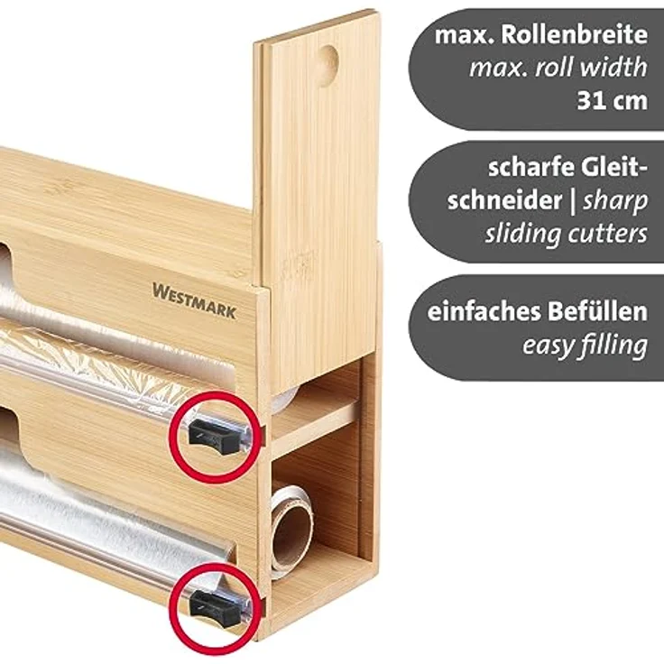 Westmark Folienspender mit Schneidvorrichtung – Alufolien- und Frischhaltefolienspender mit Gleitschneider, müheloses Abtrennen von Folien ohne Reißen, Rollen bis 31 cm – Bambus – Bild 5