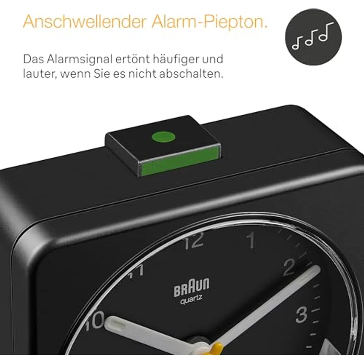 Braun BC03B, klassischer analoger Wecker mit Schlummerfunktion, Crescendo-Alarm und beleuchtetem Ziffernblatt, schwarz – Bild 2
