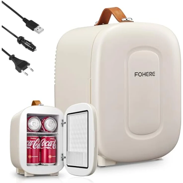 FOHERE Mini Kühlschrank 5 Liter, USB- und AC/DC-Stromversorgung, Platz für 6 Dosen, tragbar und leise, Weiß – Bild 1