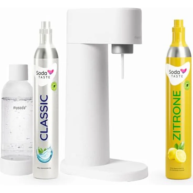 SodaTASTE Sparpaket: Mysoda Woody - Wassersprudler aus erneuerbarem Holzkomposit mit 1L BPA-freier Plastikflasche, CO2-Zylinder Classic + CO2-Zylinder Zitrone (Weiß)