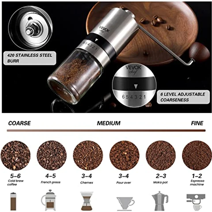 VEVOK CHEF Manuelle Kaffeemühle Edelstahl mit 6 Einstellmöglichkeiten, tragbare Handkurbelmühle für Zuhause und Camping – Bild 2