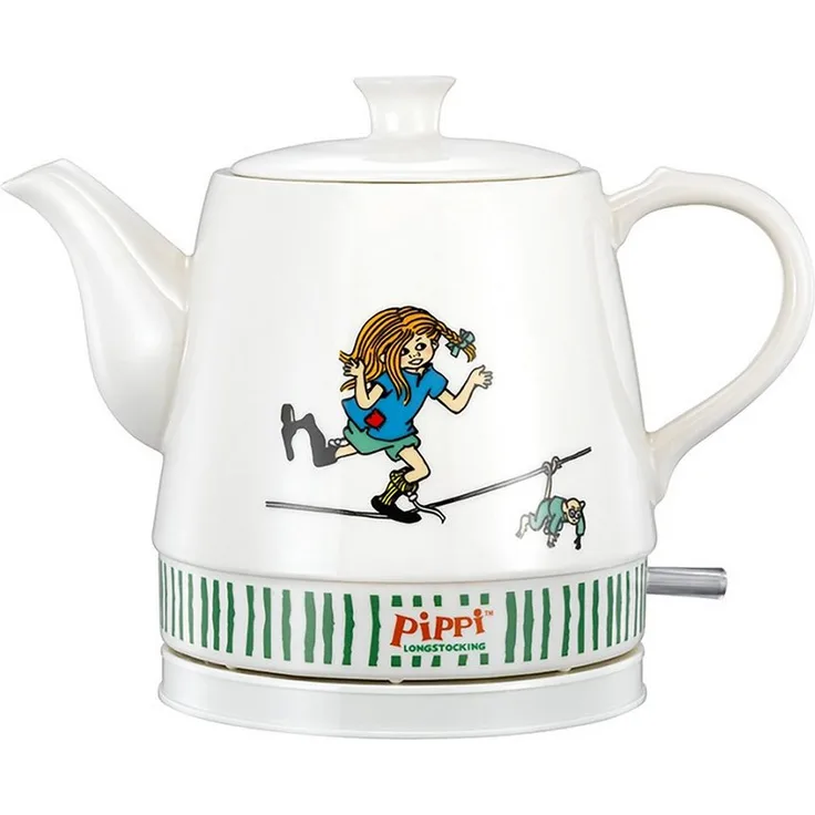 Pippi Wasserkocher 20130005, 0.8 l, 1750 W, skandinavisches Keramik Design, Trockenschutz, Automatik-Aus, Sparsam, Weiß mit Pippi Langstrumpf-Design