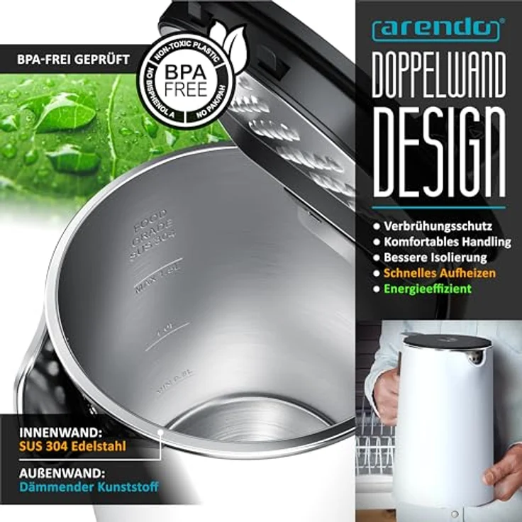 Arendo Wasserkocher AESTHET - Edelstahl, Temperatureinstellung 40°–100°C, Doppelwand, 1,7 l, 2200 W, Teekocher, schwarz – Bild 4