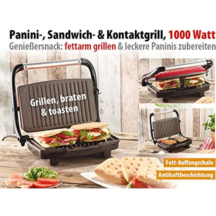 Rosenstein & Söhne CG-2510 Sandwichmaker, Panini-Grill, 1000W, ca. 27 x 16,5 cm, Kontrollleuchte, rot – Bild 5