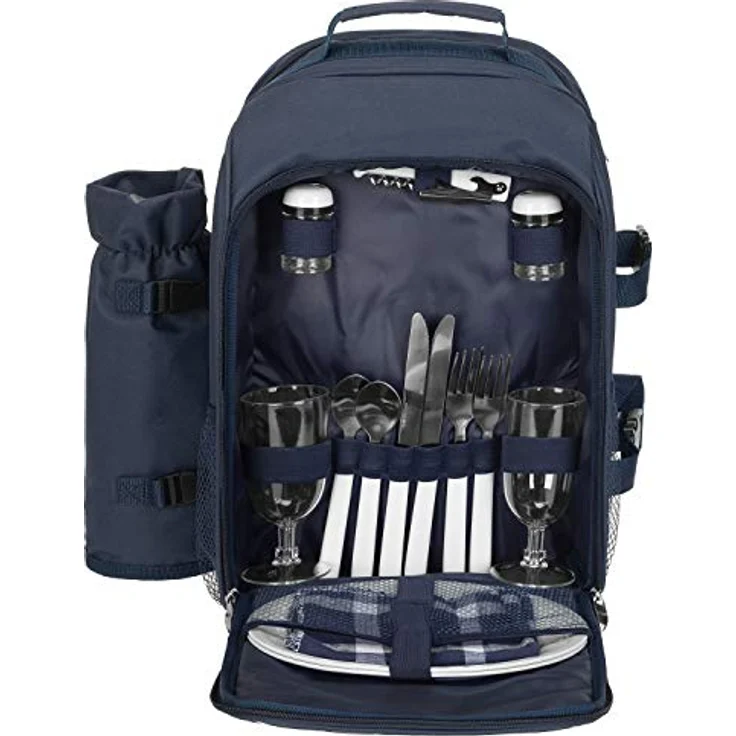Mit Picknickdecke Navy und Picknickdecke  anndora Picknickrucksack 15 tlg. Zubehör und Picknickdecke blau weiß gestreift – Bild 4