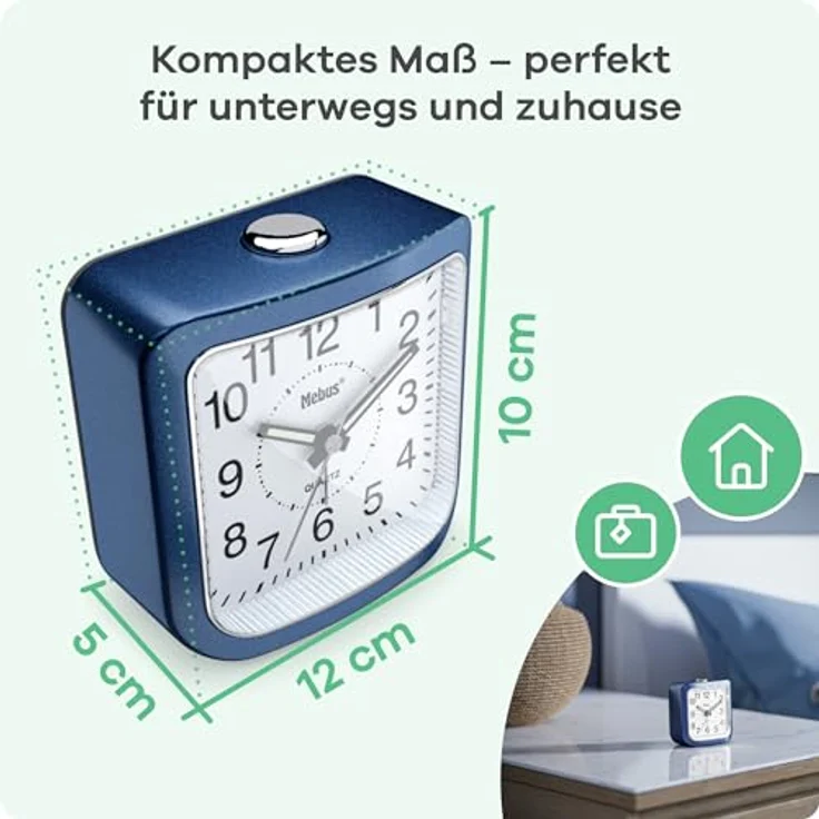 Mebus Quarzwecker Modell 26158, geräuscharm ohne Ticken, Leuchtzeiger, Alarm mit Snooze-Funktion, Zifferblattbeleuchtung, Farbe: Blau – Bild 4