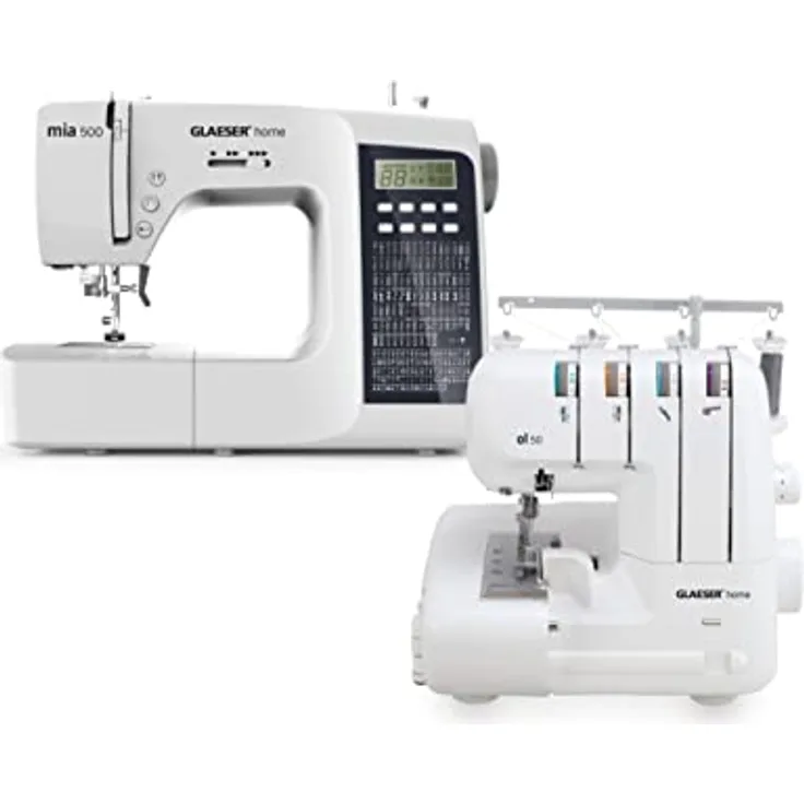 GLAESERhome Pro-Bundle, Nähmaschinen-Set mit mia 500 und ol 50 Overlock, 300 Stich-Varianten, Anschiebetisch