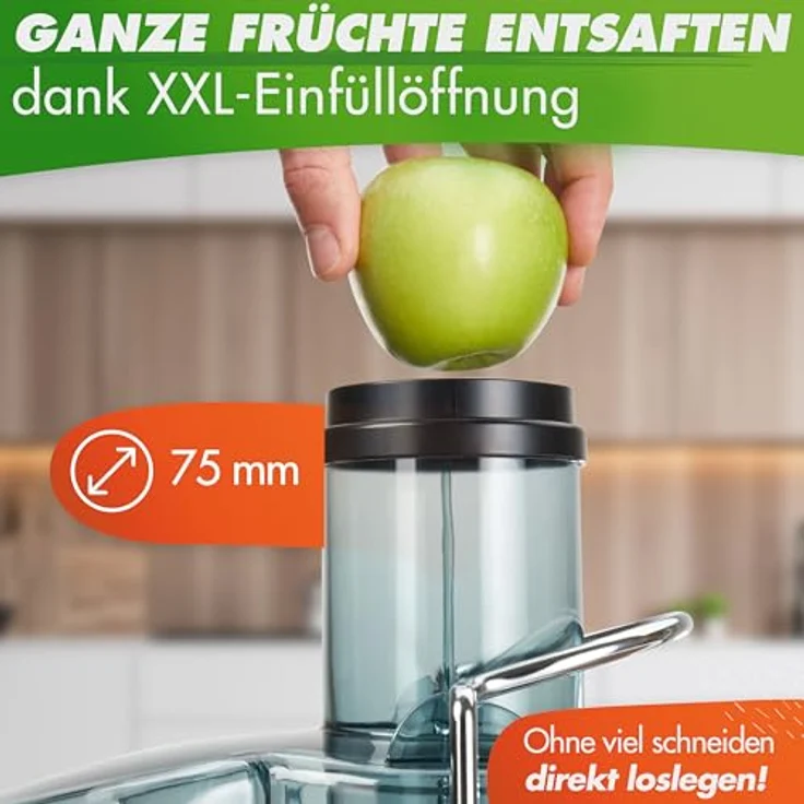 Nutrilovers QUICK-JUICER MAX, Zentrifugal-Entsafter mit 800 W, XXL-Einwurf, Edelstahlgehäuse, inklusive Reinigungsbürste und Rezeptbuch – Bild 4
