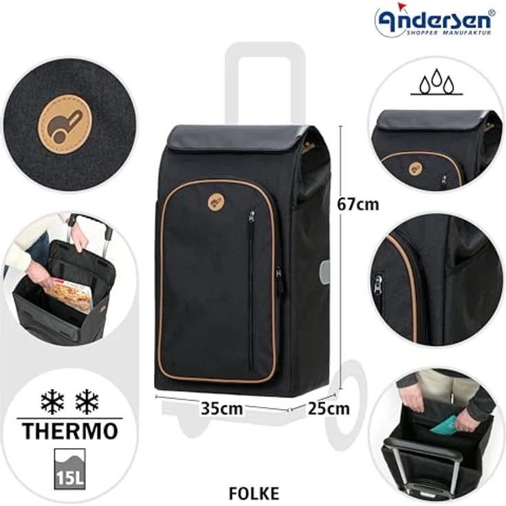 Andersen Einkaufstrolley - Royal Shopper Folke schwarz 61 L Thermo, Aluminium, klappbar, leise Räder – Bild 3