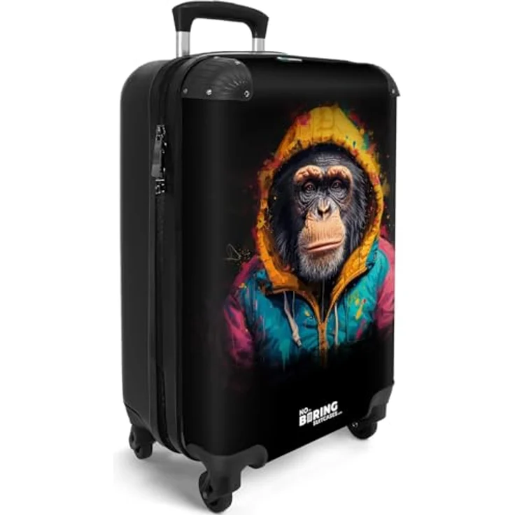 NoBoringSuitcases.com© Hartschalen-Trolley Affe mit bunter Weste 55x35x20cm, 4 Rollen, Handgepäck Koffer Flugzeug – Bild 2