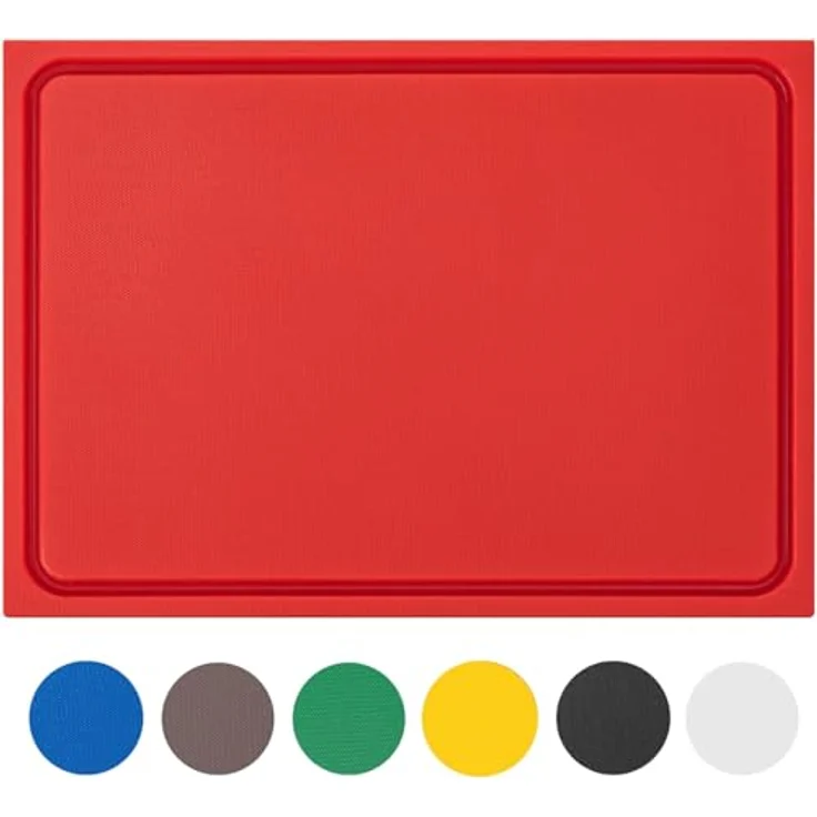 MUVELL stabiles Schneidebrett Kunststoff Spülmaschinenfest, EXTRA dick, messerschonend | HACCP rohes Fleisch Küchenbrett | Schneidbrett mit Saftrille (Rot, 45x30x2 cm) – Bild 1