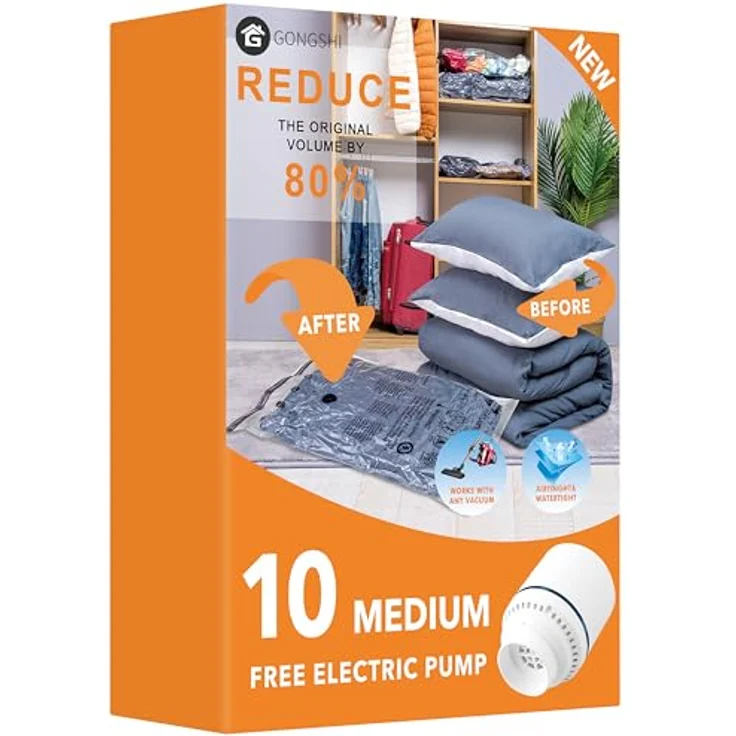 GONGSHI Vakuumbeutel für Kleidung, Bettdecken & Kissen, 10 Stück Medium mit elektrischer Pumpe, luftdicht und wasserdicht, platzsparend für Reise und Haushalt – Bild 1