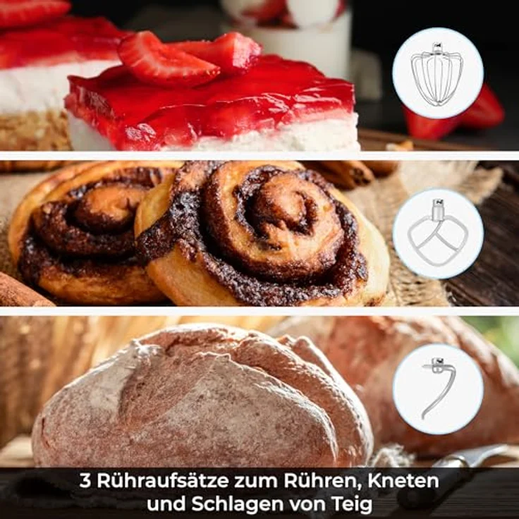 KLAMER Küchenmaschine Classic 1400 W, 5,5 L Edelstahlschüssel, Knet-, Rühr- & Schneebesenaufsatz, Timer & LED-Display, stabile Saugnapffüße, ideal für Brot-, Kuchen- & Pizzateig – Bild 5