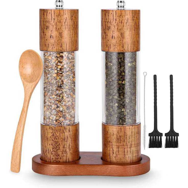 SinLaw Gewürzmühlen-Set, 2 Salz- und Pfeffermühlen aus Gummibaumholz mit Keramikmahlwerk und Untersetzer, 21,5 cm hoch