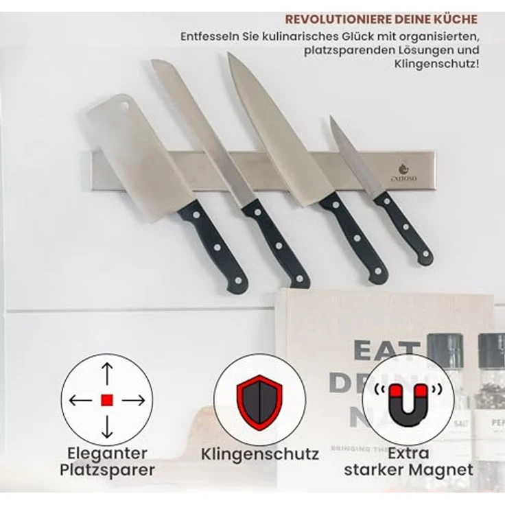 Exitoso Edelstahl Magnetleiste Messer selbstklebend - Kleben und Bohren mit 3M Klebeband - Magnetischer Magnet Messerhalter Messerleiste magnetisch - Messer Magnetschiene für Messer Magnetleiste – Bild 2