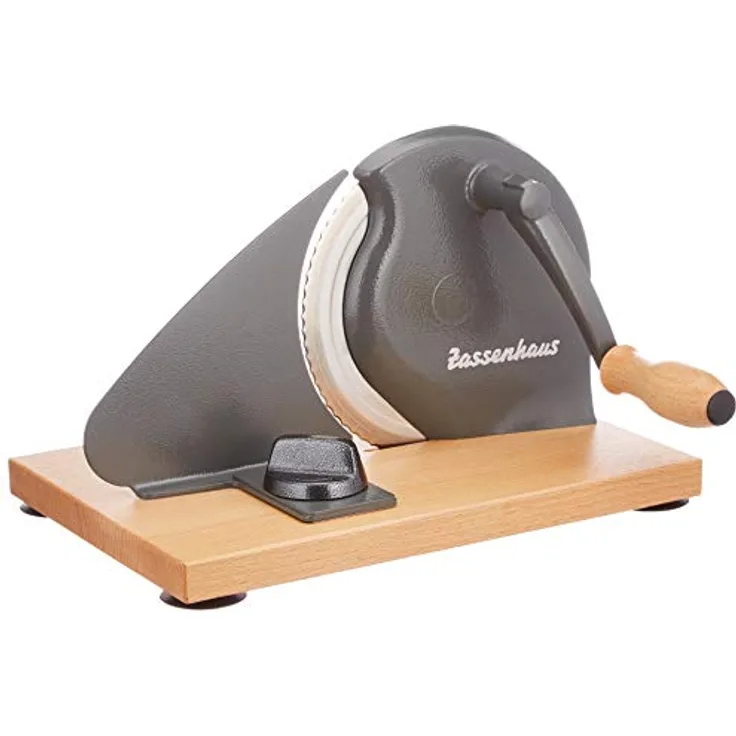 Zassenhaus Brotschneidemaschine manuell CLASSIC | Grau | Solinger Klingenstahl | Schnittstärken: 1-18mm | Brett und Kurbel aus Buchenholz | 30 × 25,5 × 19cm