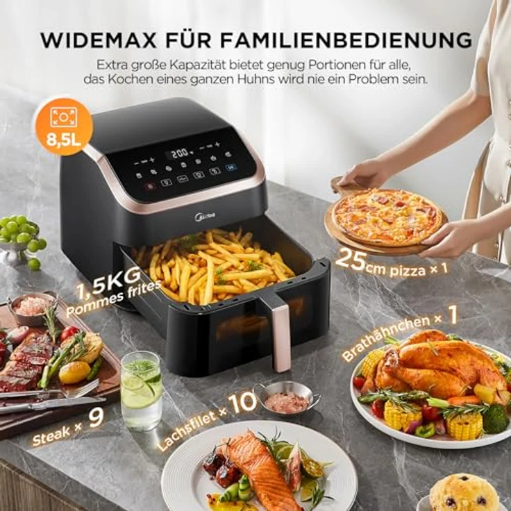 Midea Heißluftfritteuse XXL AirFryer 8.5L, 8-in-1 mit Sichtfenster, max 200°C, Öl-frei, Touchscreen, energiesparend, Antihaftmaterial – Bild 2