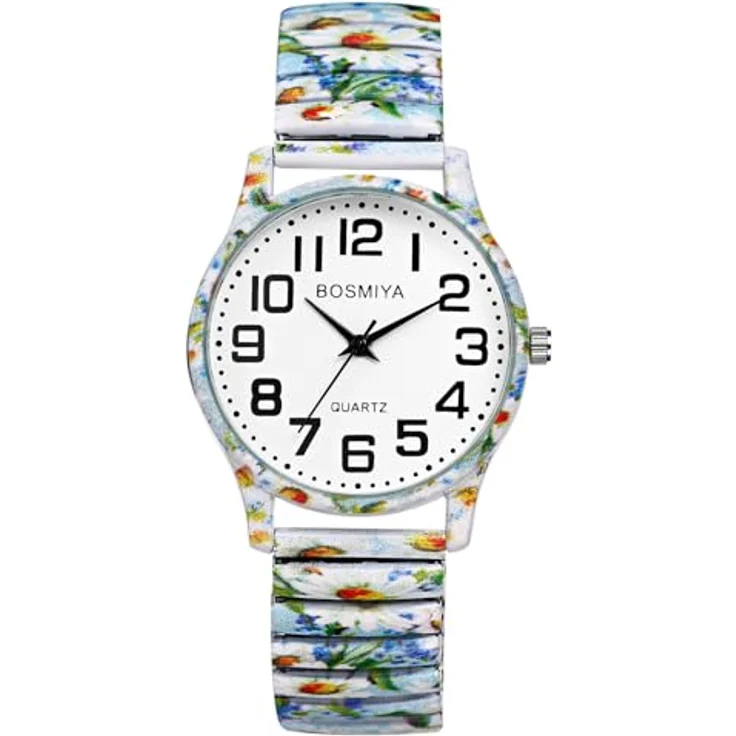 JewelryWe Boho Elastische Damenuhr, Weiß Floral Druck, Analog Quarz, Edelstahl Stretch-Armband, große Zahlen, 18-22cm verstellbar – Bild 1
