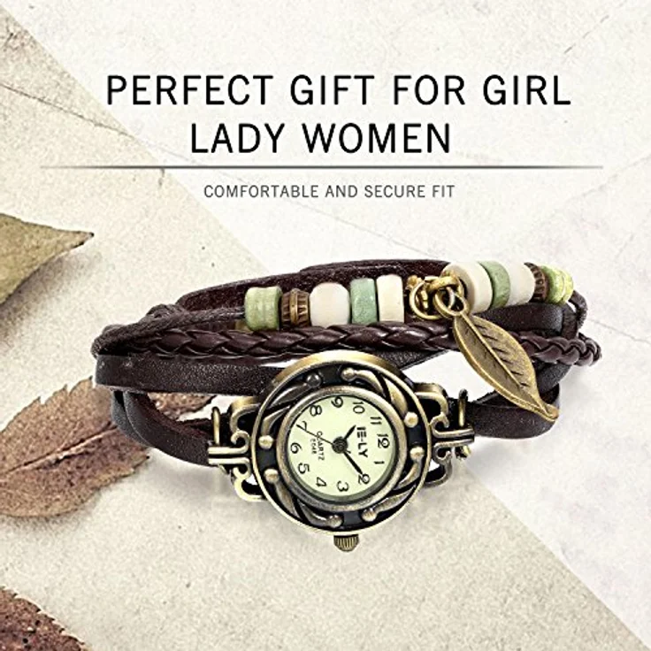 JewelryWe Damen Armbanduhr, Retro geflochtenes Lederarmband mit Quarzwerk und Baum Blatt Anhänger, Braun Bronze – Bild 4
