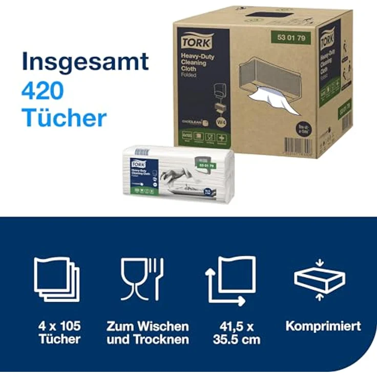 Tork Extra Starke Reinigungstücher Weiß W4, Mehrzweck, 4 × 105 Tücher, 530179 – Bild 2