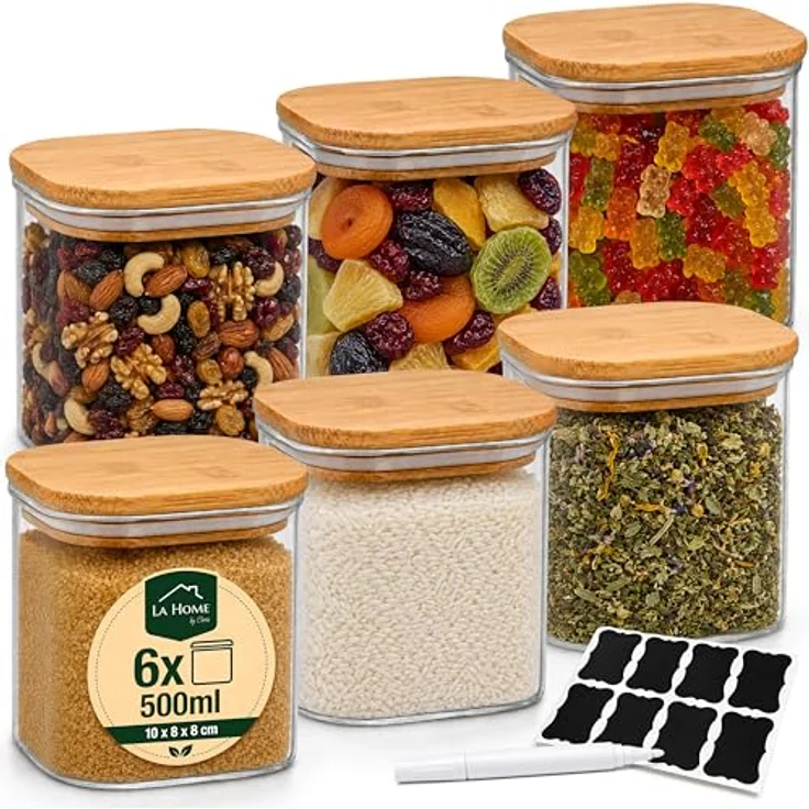La Home by Chris Vorratsdosen, Glas mit Bambusdeckel, luftdicht, 6 x 500ml, Borosilikatglas 2,5 mm, spülmaschinenfest, ideal für Mehl, Reis, Kaffee und Pasta: Tests, Infos & Preisvergleich