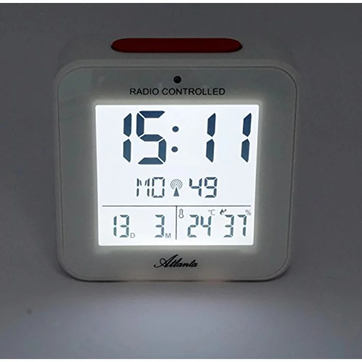 Atlanta Funkwecker 1880-0, Digitalwecker mit LCD, Snooze-Funktion, Temperatur- und Datumsanzeige, Funksteuerung ohne Ticken, Weiß – Bild 2