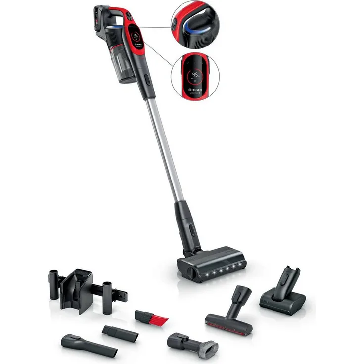 BOSCH Unlimited 9 BBS931PET, Akku-Stielstaubsauger mit 550 W, ideal für Tierhaushalte, rot, beutellos
