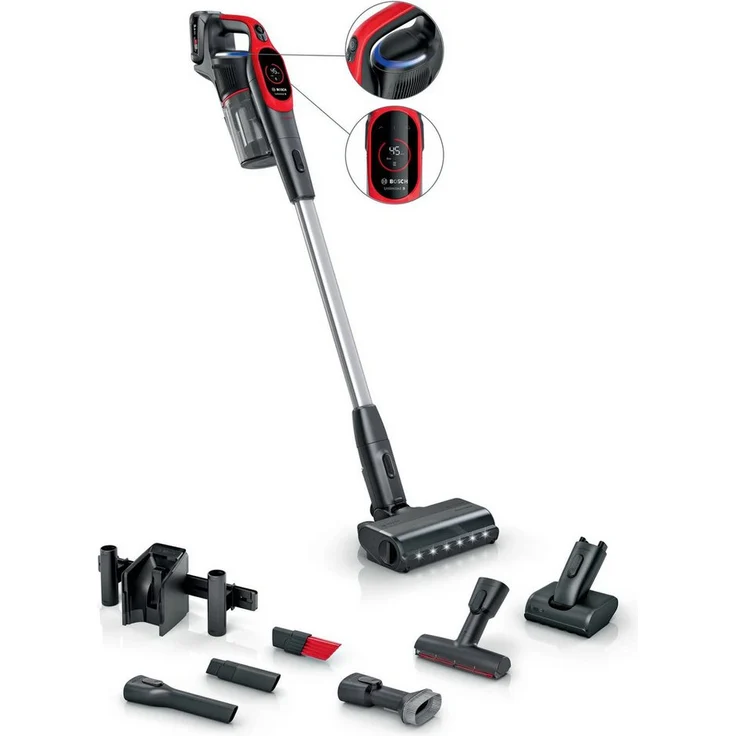 BOSCH Unlimited 9 BBS931PET, Akku-Stielstaubsauger mit 550 W, ideal für Tierhaushalte, rot, beutellos