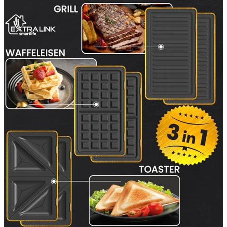 EXTRALINK Sandwichmaker 3 in 1 Toaster, Grill und Waffeleisen mit austauschbaren Platten, 1000W Kontaktgrill, Antihaftbeschichtung, einfacher Reinigung, Schwarz – Bild 3