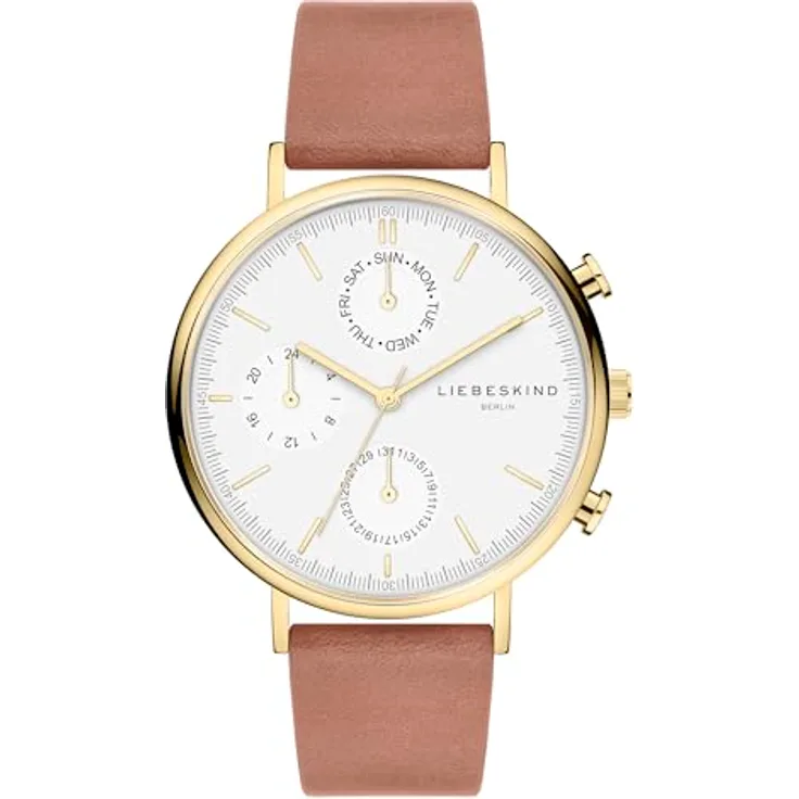 Liebeskind Berlin Armbanduhr LT-0381-LM IP Gold braun, Multifunktions Damenuhr mit Edelstahlgehäuse und Lederband