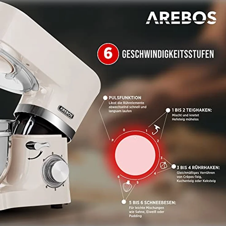 Arebos Küchenmaschine 1500W Creme | Knetmaschine mit 2x Edelstahl-Rührschüsseln 4,5 & 5,5L | Geräuscharm | Küchenmixer mit Rührhaken, Knethaken, Schlagbesen und Spritzschutz | 6 Geschwindigkeiten – Bild 2